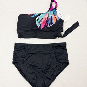 La Blanca Plus NWT Sz 18W Black Multi One Shoulder Tummy Control Bottom Swim Set